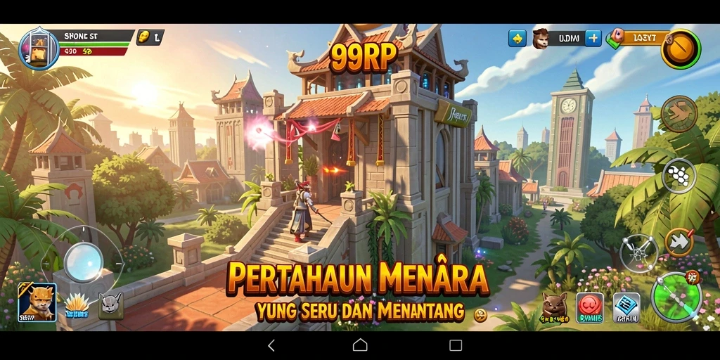 Tangkapan layar gameplay 99RP menunjukkan aksi menara bertahan yang mendebarkan.