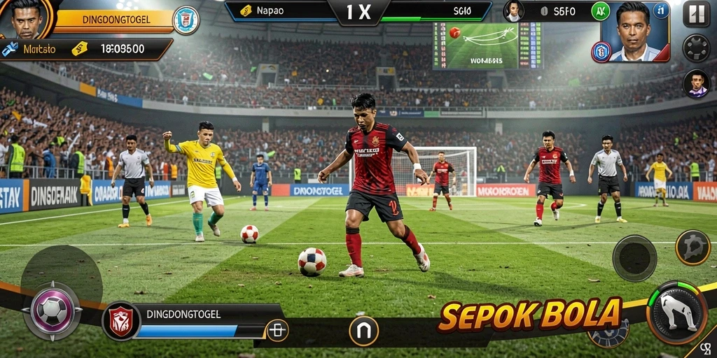 Screenshot gameplay DINGDONGTOGEL menampilkan aksi seru di lapangan sepak bola.