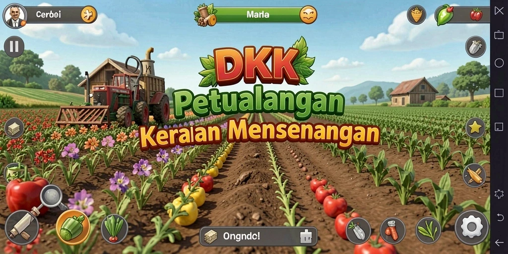 Gameplay DKK dengan pemandangan ladang yang indah.