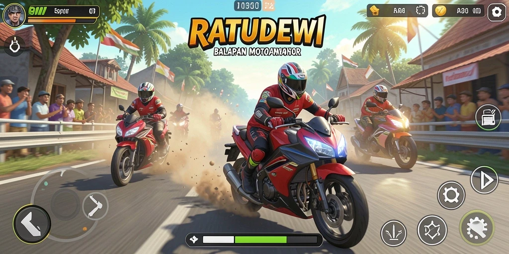 Screenshot gameplay RATUDEWI menampilkan aksi balapan motor yang intens.