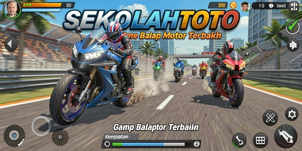 Tampilan balapan seru di SEKOLAHTOTO dengan motor cepat dan lintasan menantang.
